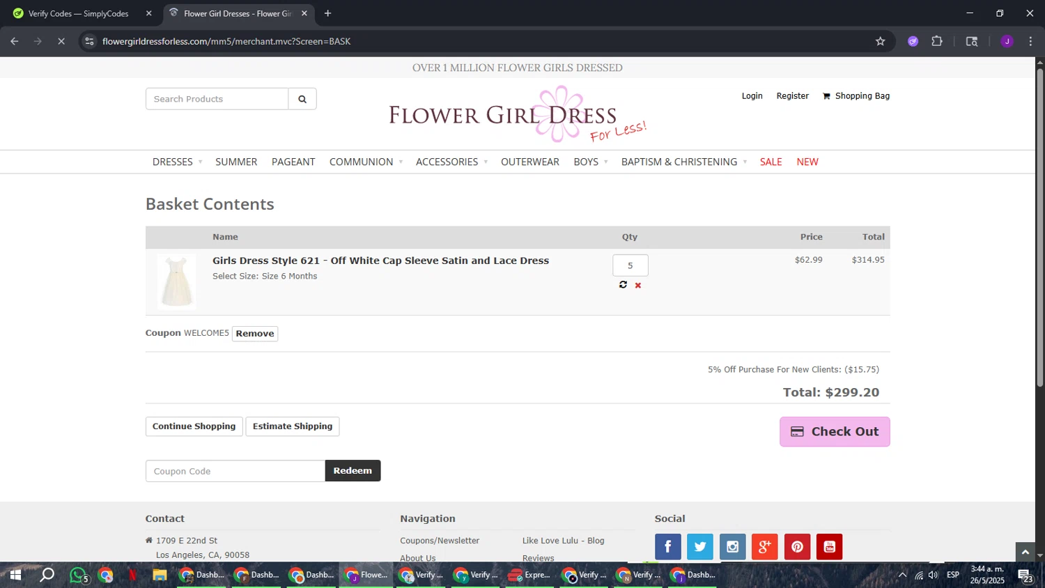 Flower Girl Dress For Less promo code screenshot showing code WELCOME5 applied at Flower Girl Dress For Less checkout page. Uploaded by SimplyCodes community member ComeBurra123 on May 26, 2025