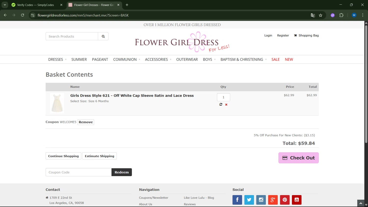 Flower Girl Dress For Less promo code screenshot showing code WELCOME5 applied at Flower Girl Dress For Less checkout page. Uploaded by SimplyCodes community member ScanNavigator5190 on Jun 9, 2025