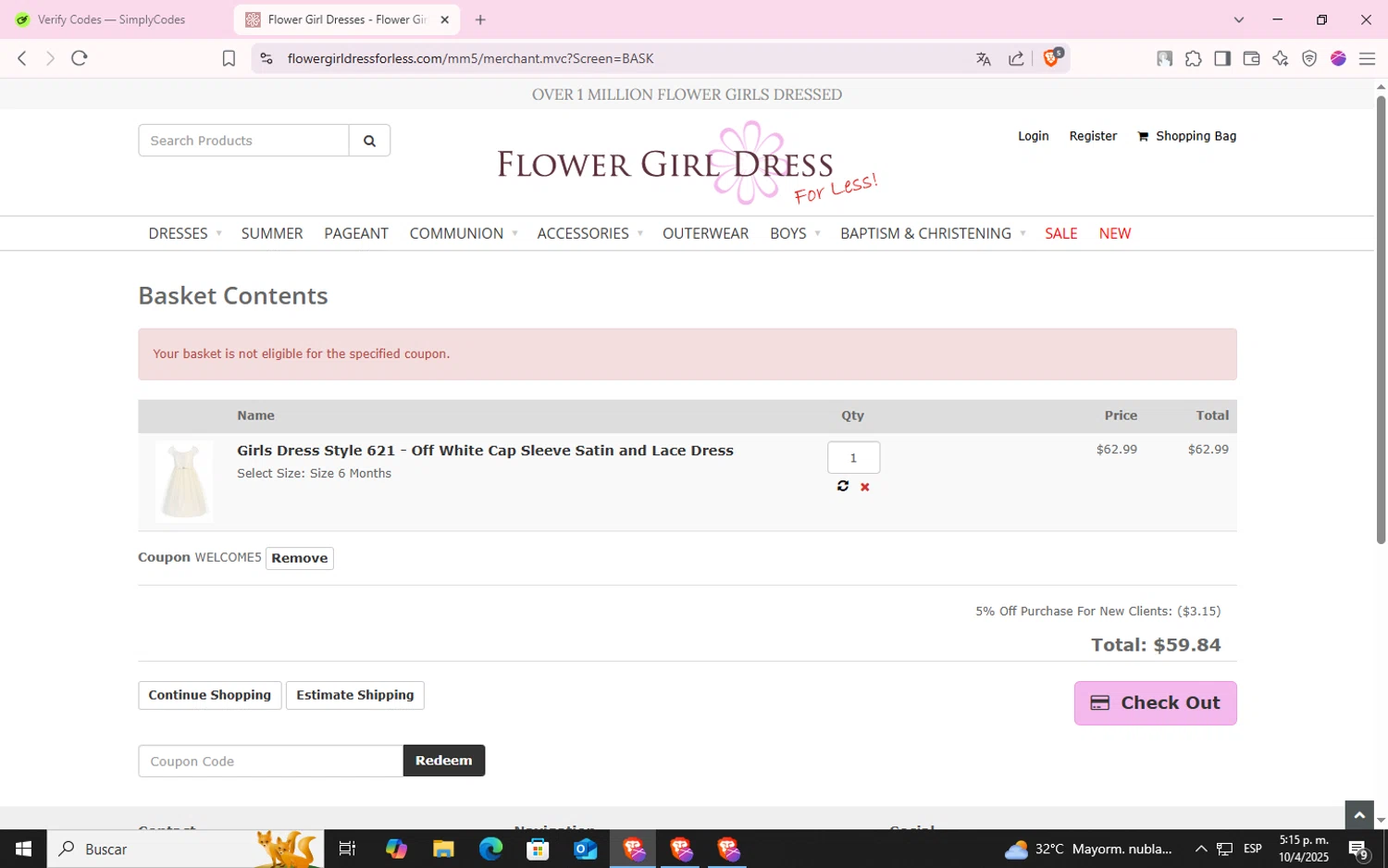 Flower Girl Dress For Less checkout page showing Flower Girl Dress For Less promo code box | Screenshot taken by SimplyCodes community member on Apr 10, 2025