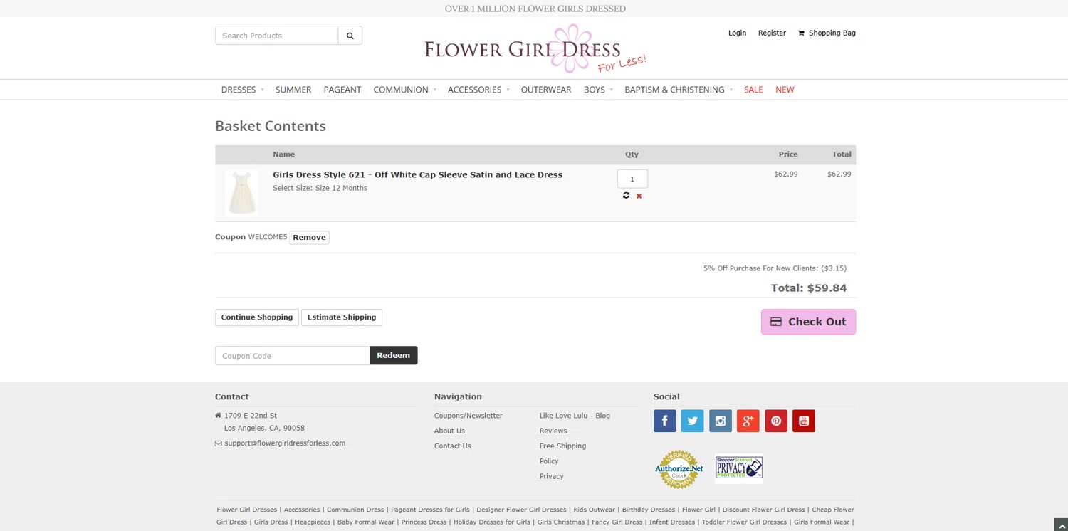 Flower Girl Dress For Less promo code screenshot showing code WELCOME5 applied at Flower Girl Dress For Less checkout page. Uploaded by SimplyCodes community member melano on Jun 16, 2025
