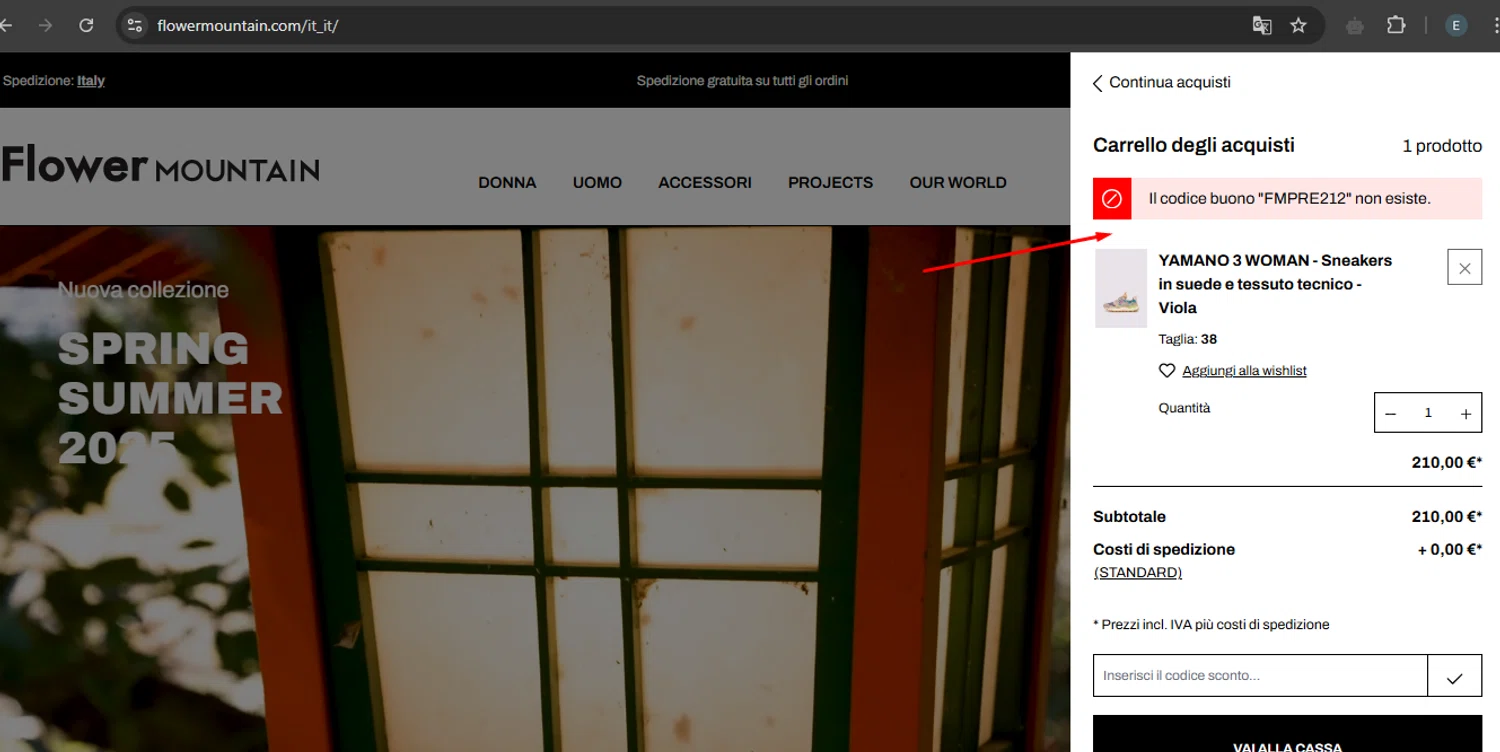 Flower Mountain discount code screenshot showing code FMPRE212 applied at Flower Mountain checkout page. Uploaded by SimplyCodes community member MoneySage8222 on Mar 23, 2025