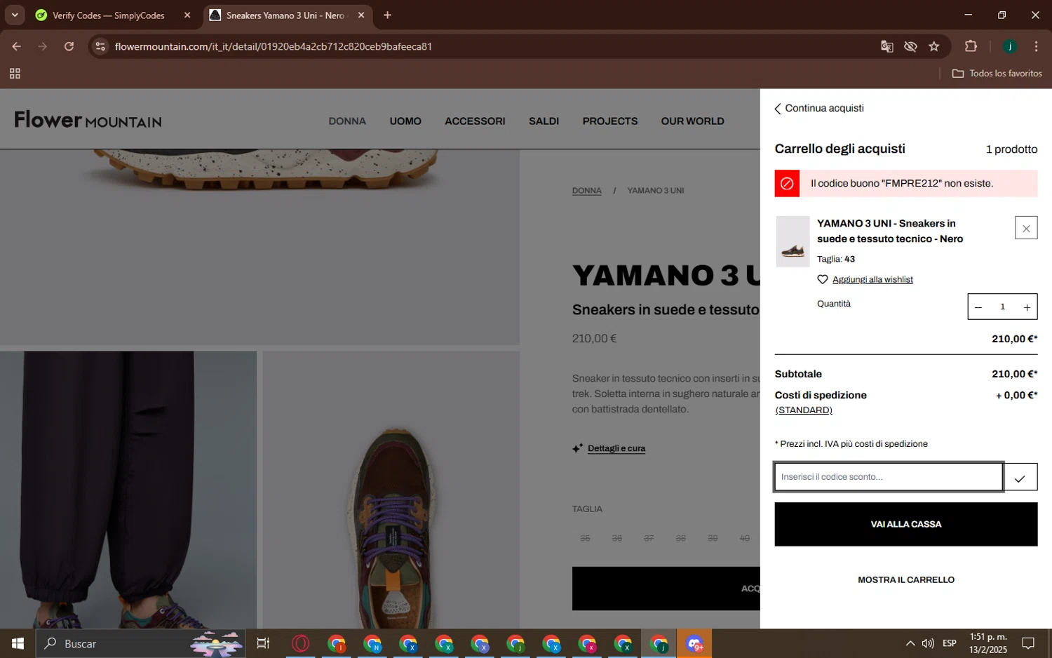 Flower Mountain discount code screenshot showing code FMPRE212 applied at Flower Mountain checkout page. Uploaded by SimplyCodes community member BargainHunter8488 on Feb 13, 2025