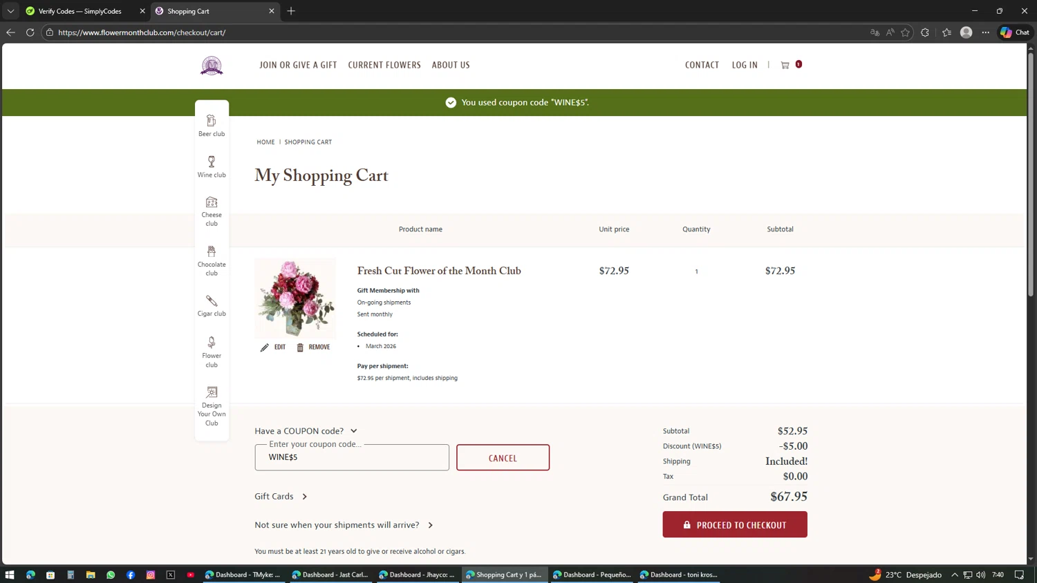 Flower of the Month Club promo code screenshot showing code WINE$5 applied at Flower of the Month Club checkout page. Uploaded by SimplyCodes community member AVAMUSTANG on Feb 21, 2026
