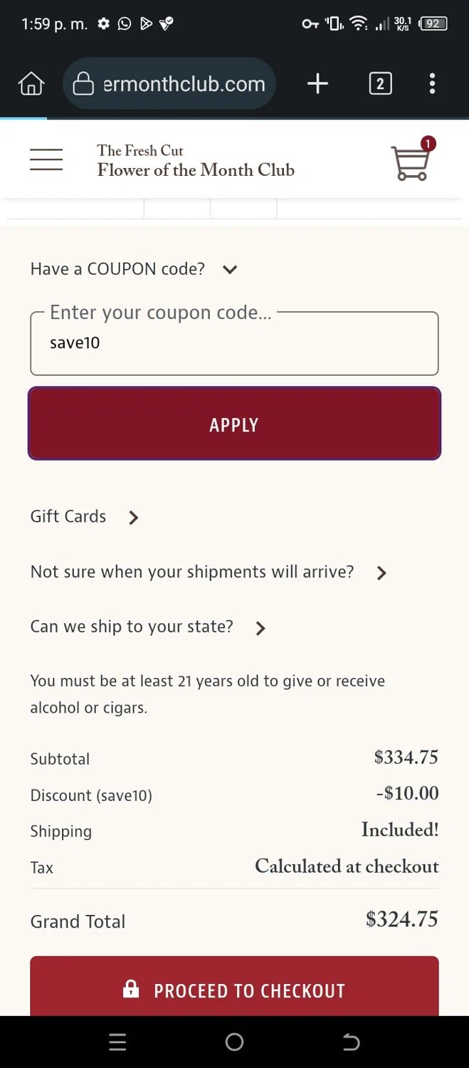 Flower of the Month Club checkout page showing Flower of the Month Club promo code box | Screenshot taken by SimplyCodes community member on Jul 31, 2025