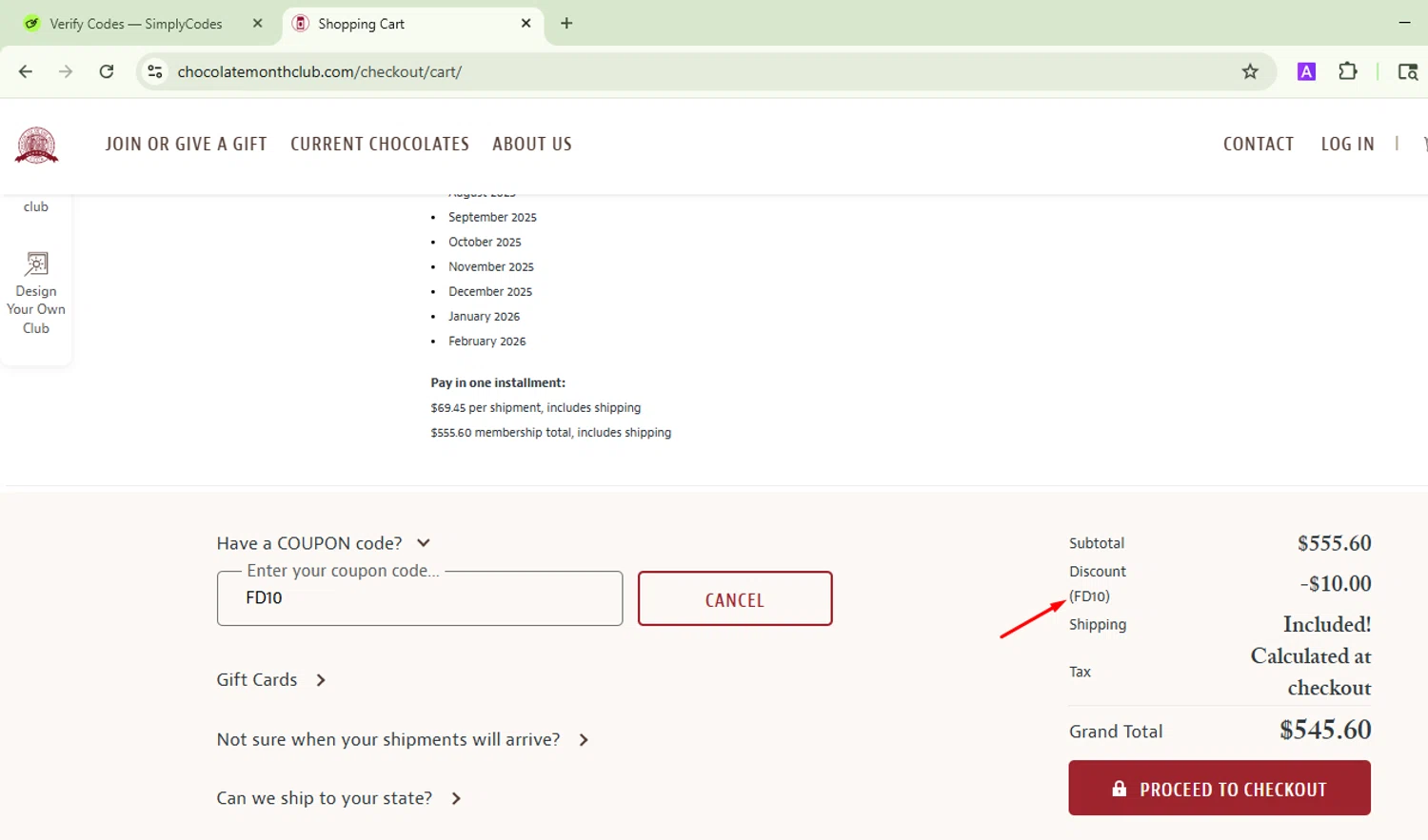 Flower of the Month Club promo code screenshot showing code FD10 applied at Flower of the Month Club checkout page. Uploaded by SimplyCodes community member Mykeanderon on Jun 21, 2025
