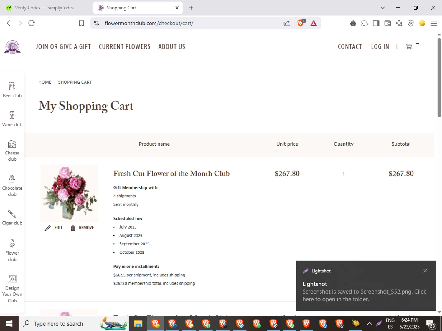 Flower of the Month Club promo code screenshot showing code FD10 applied at Flower of the Month Club checkout page. Uploaded by SimplyCodes community member QuestWarden1268 on May 23, 2025