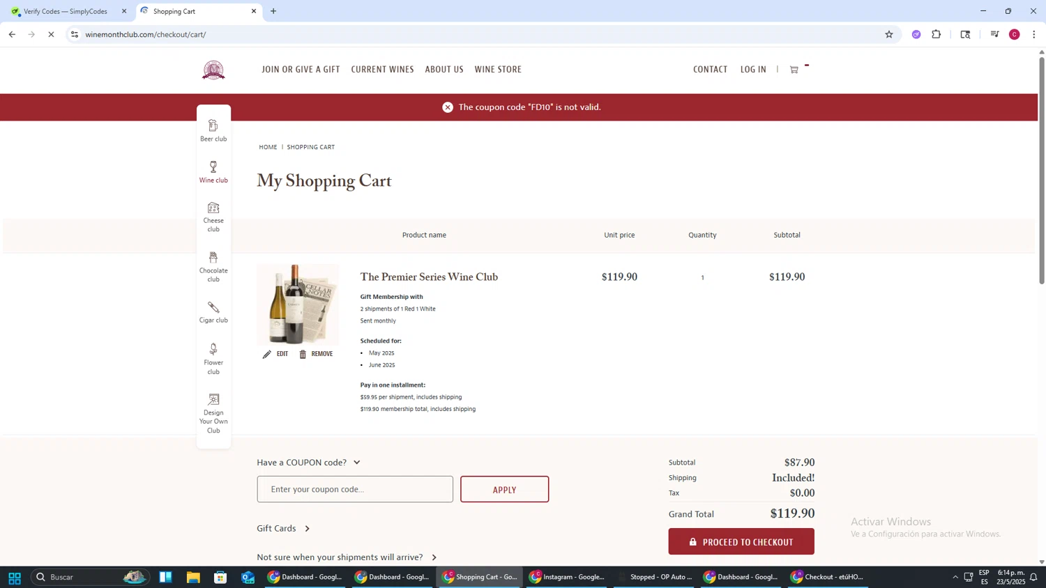 Flower of the Month Club promo code screenshot showing code FD10 applied at Flower of the Month Club checkout page. Uploaded by SimplyCodes community member TOROREX250 on May 23, 2025