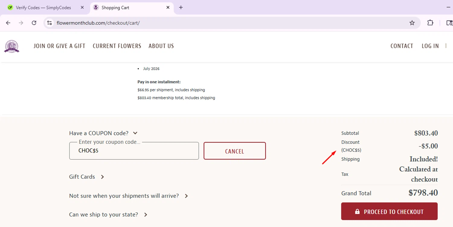 Flower of the Month Club promo code screenshot showing code CHOC$5 applied at Flower of the Month Club checkout page. Uploaded by SimplyCodes community member luki1958 on Jun 21, 2025
