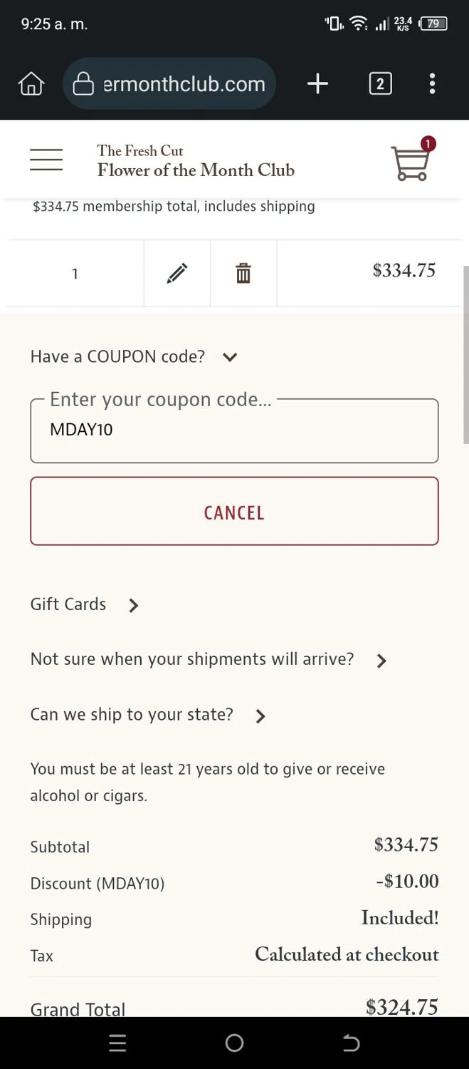 Flower of the Month Club promo code screenshot showing code MDAY10 applied at Flower of the Month Club checkout page. Uploaded by SimplyCodes community member CleverSleuth6613 on Aug 11, 2025