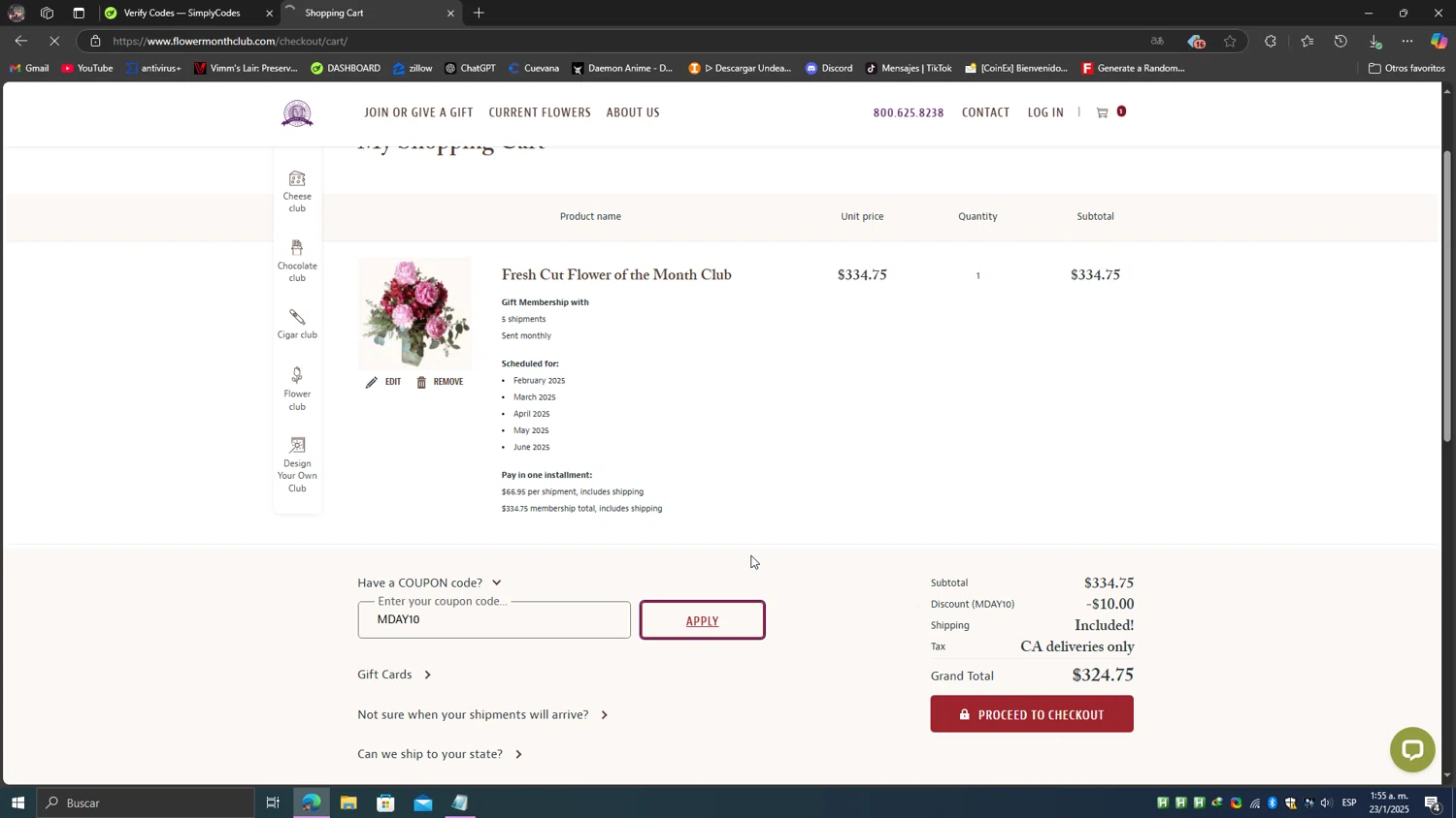 Flower of the Month Club promo code screenshot showing code MDAY10 applied at Flower of the Month Club checkout page. Uploaded by SimplyCodes community member SavvyScholar7013 on Jan 23, 2025