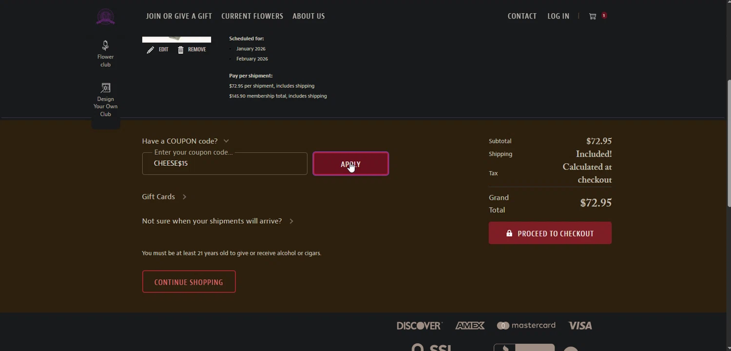 Flower of the Month Club promo code screenshot showing code CHEESE$15 applied at Flower of the Month Club checkout page. Uploaded by SimplyCodes community member Nor_man on Dec 24, 2025