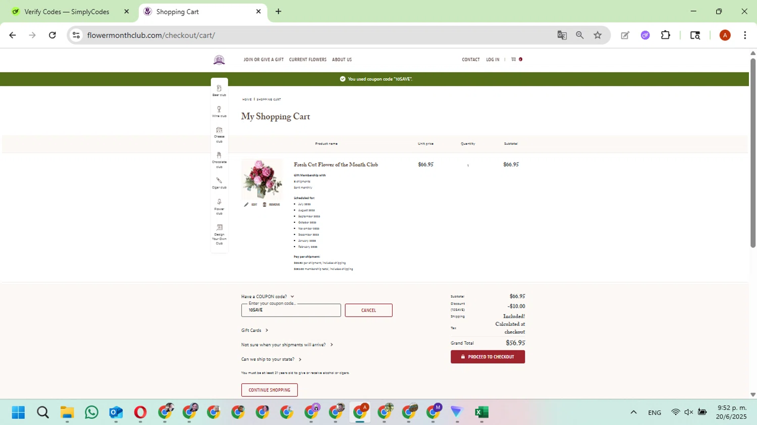 Flower of the Month Club promo code screenshot showing code 10SAVE applied at Flower of the Month Club checkout page. Uploaded by SimplyCodes community member FundoKadmiel on Jun 21, 2025