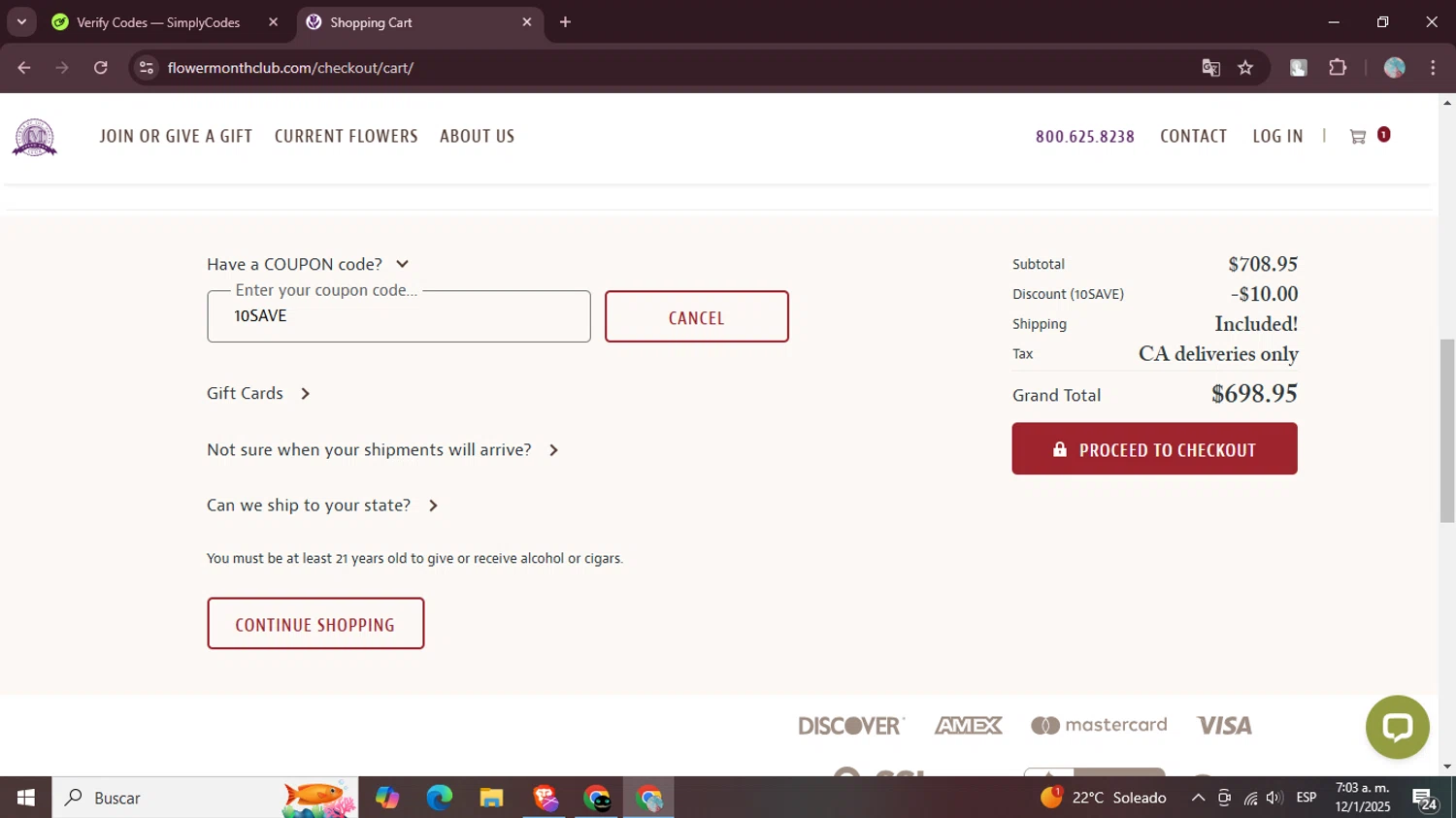 Flower of the Month Club promo code screenshot showing code 10SAVE applied at Flower of the Month Club checkout page. Uploaded by SimplyCodes community member LegendaryPro7106 on Jan 12, 2025