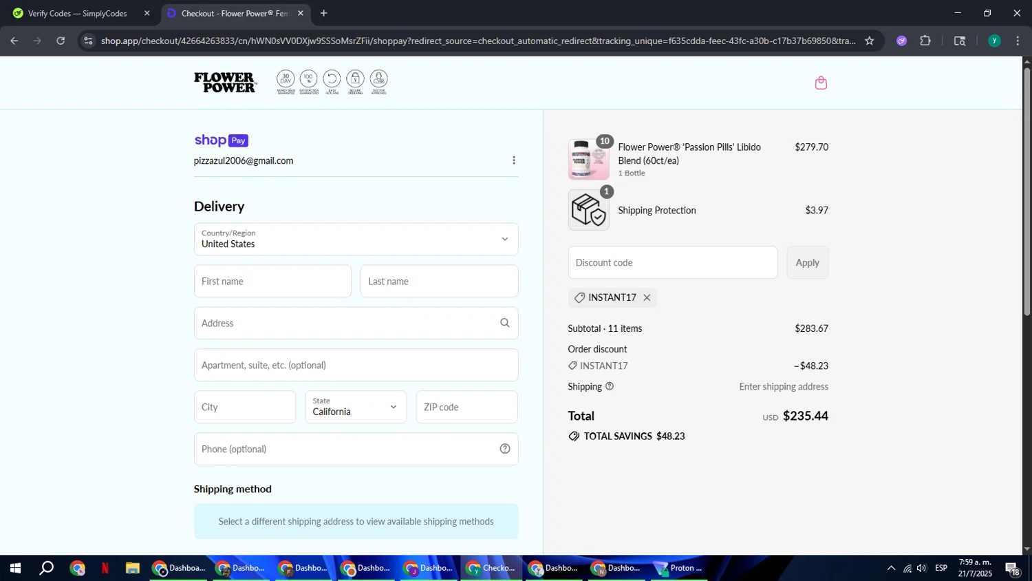 FlowerPower promo code screenshot showing code INSTANT17 applied at FlowerPower checkout page. Uploaded by SimplyCodes community member FrugalCaptain6906 on Jul 21, 2025