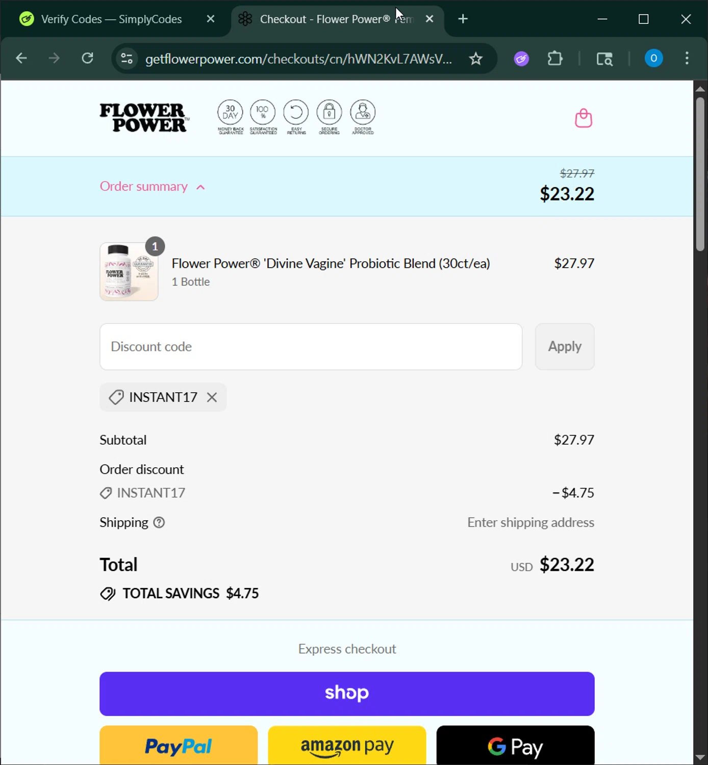 FlowerPower promo code screenshot showing code INSTANT17 applied at FlowerPower checkout page. Uploaded by SimplyCodes community member GoldAdmiral5202 on Aug 28, 2025