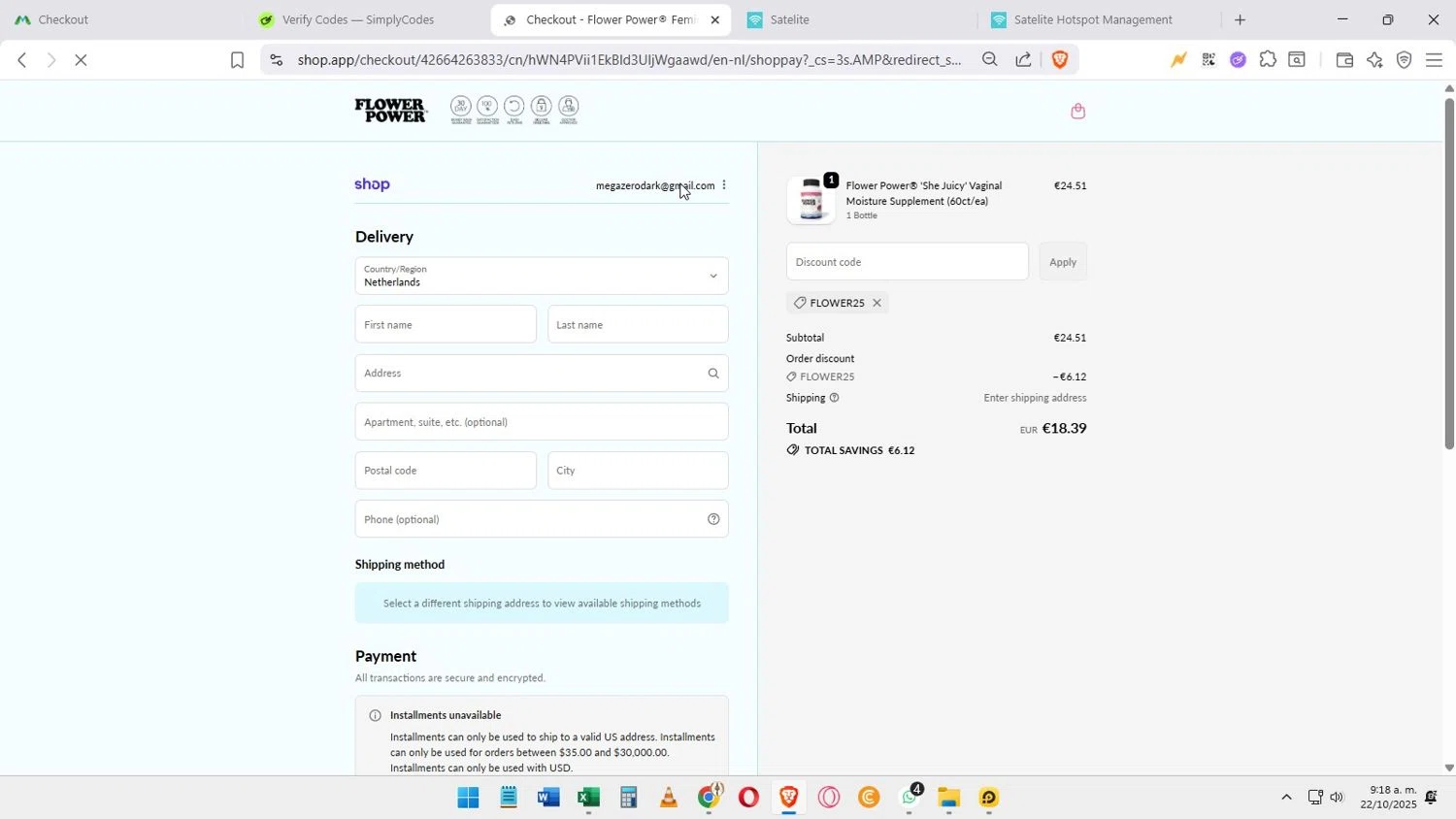 FlowerPower promo code screenshot showing code flower25 applied at FlowerPower checkout page. Uploaded by SimplyCodes community member Darkosukaru on Oct 22, 2025