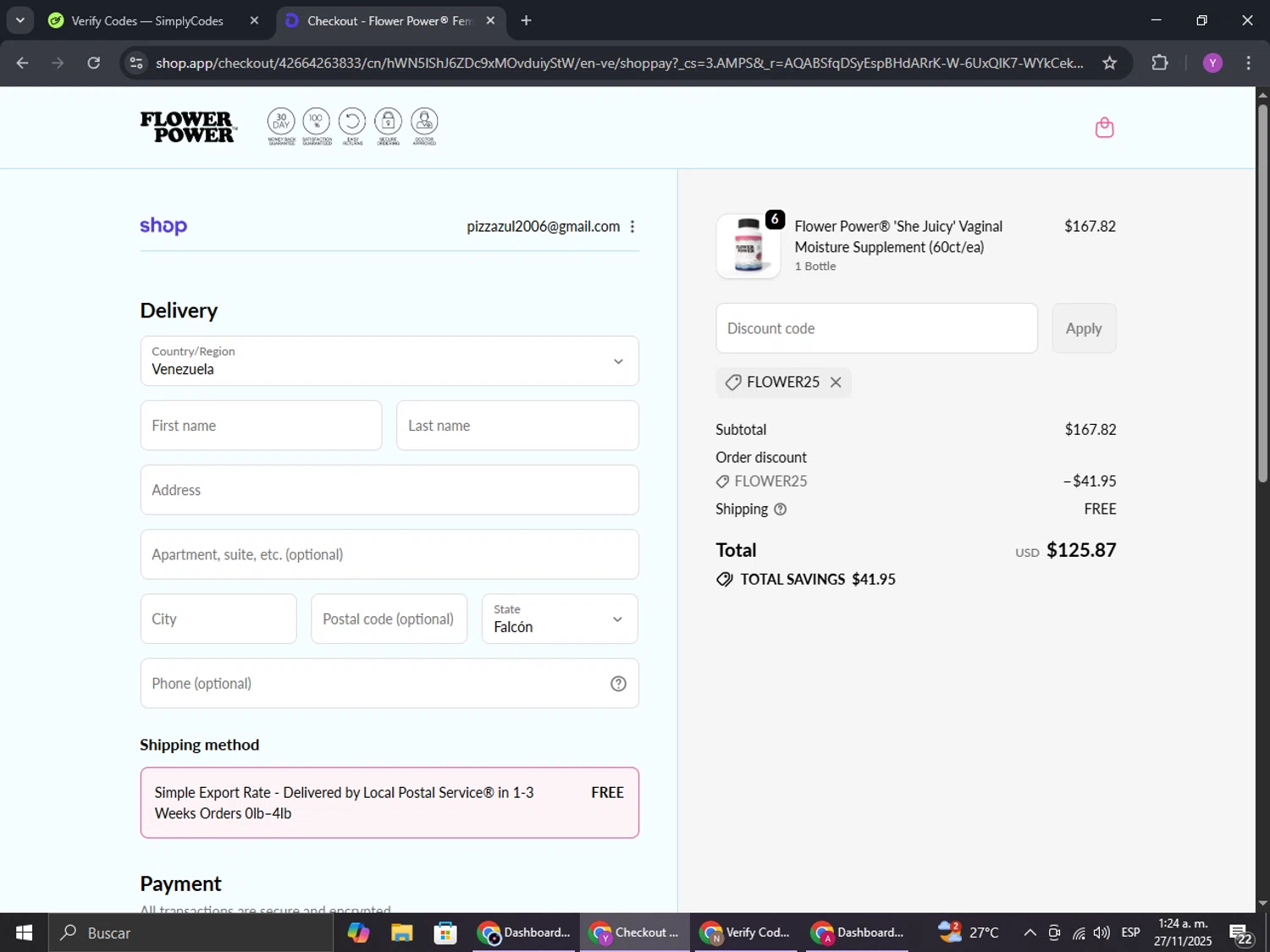 FlowerPower promo code screenshot showing code flower25 applied at FlowerPower checkout page. Uploaded by SimplyCodes community member ExtraordinaryHunter3076 on Nov 27, 2025