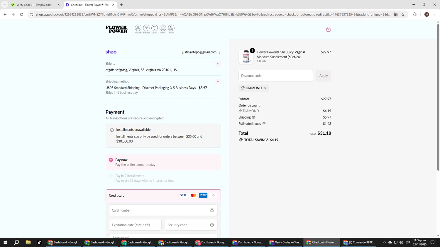 FlowerPower promo code screenshot showing code DIAMOND applied at FlowerPower checkout page. Uploaded by SimplyCodes community member KTMCRF on Nov 22, 2025