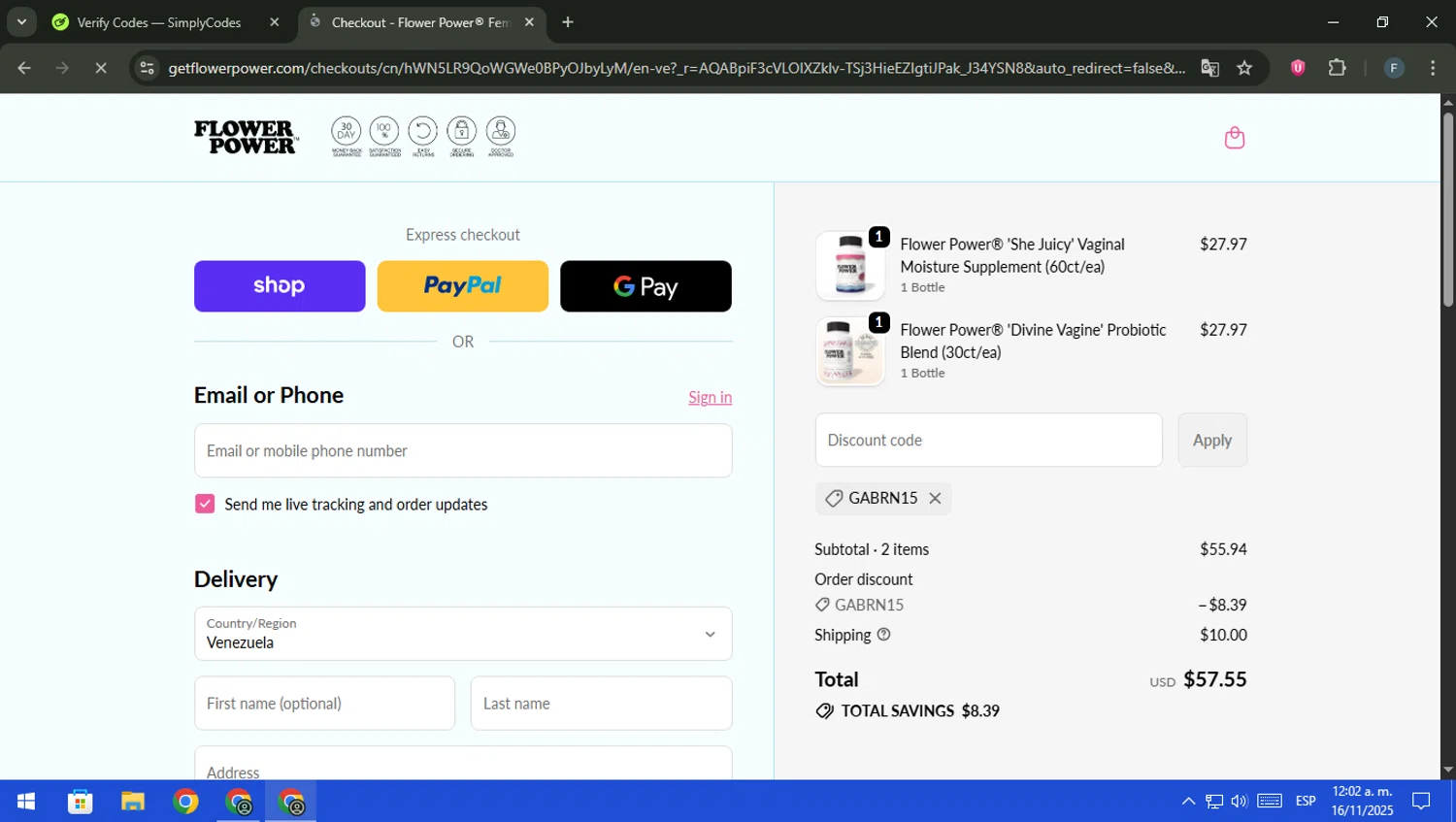 FlowerPower promo code screenshot showing code GABRN15 applied at FlowerPower checkout page. Uploaded by SimplyCodes community member pajarito on Nov 16, 2025
