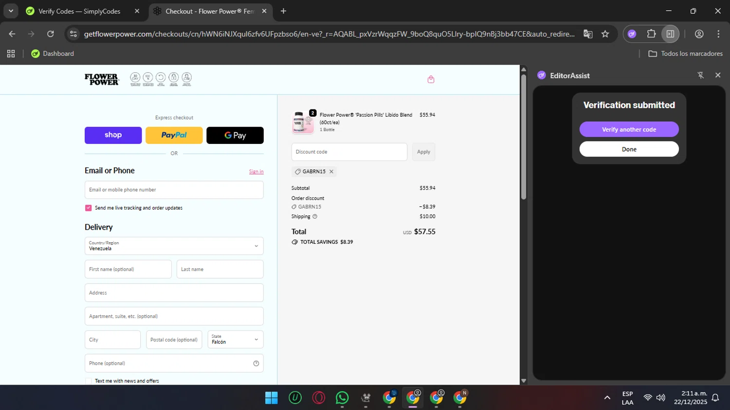 FlowerPower promo code screenshot showing code GABRN15 applied at FlowerPower checkout page. Uploaded by SimplyCodes community member rauzzzz on Dec 22, 2025
