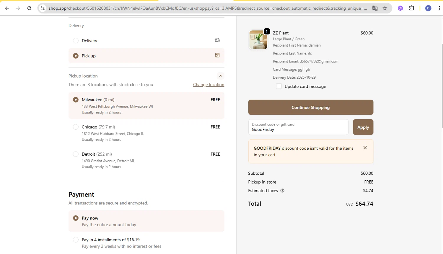 Flowers For Dreams discount code screenshot showing code GoodFriday applied at Flowers For Dreams checkout page. Uploaded by SimplyCodes community member d566ty on Oct 29, 2025