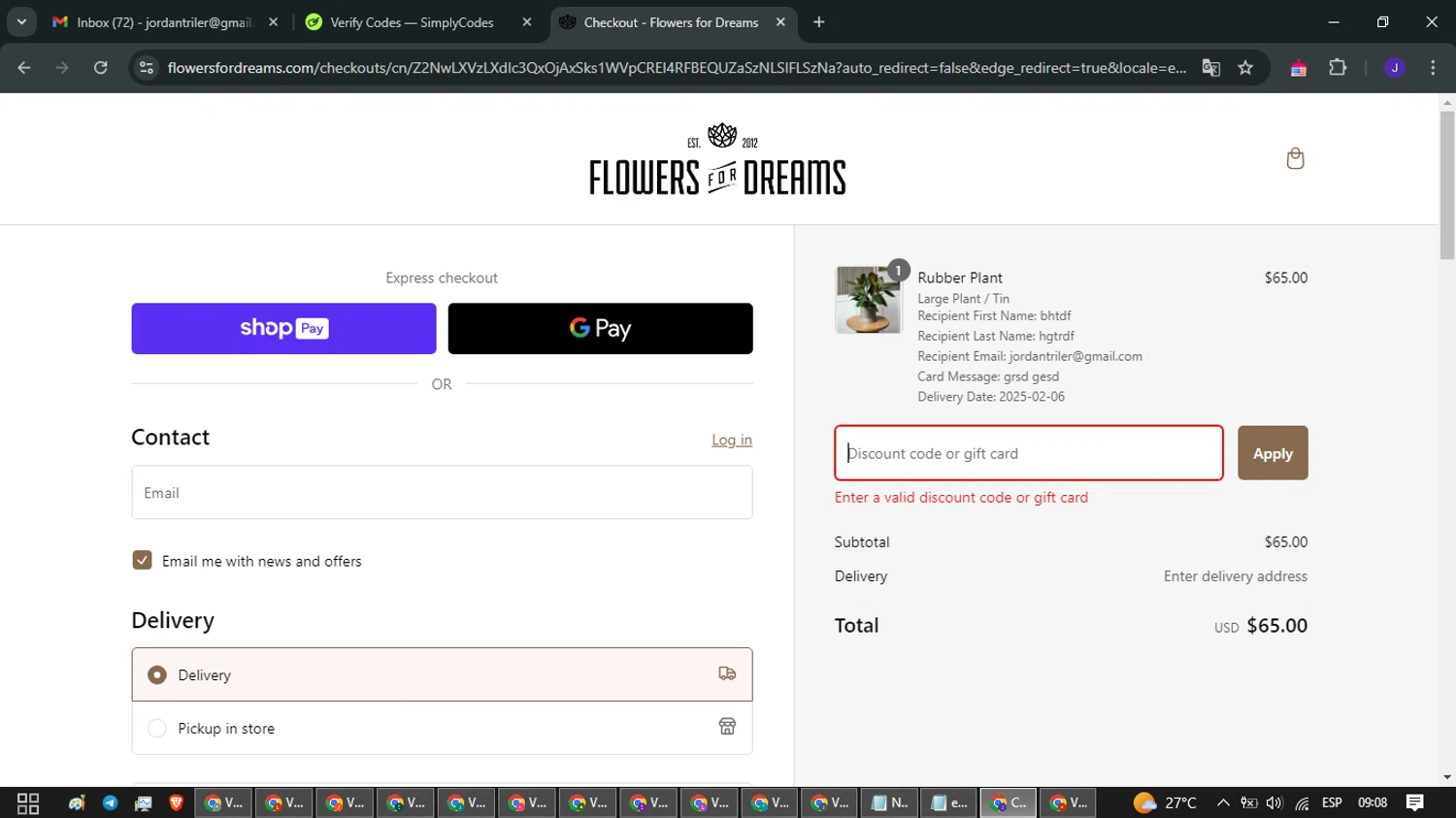 Flowers For Dreams discount code screenshot showing code ZQ3MTF applied at Flowers For Dreams checkout page. Uploaded by SimplyCodes community member LegendaryLegend9872 on Feb 3, 2025