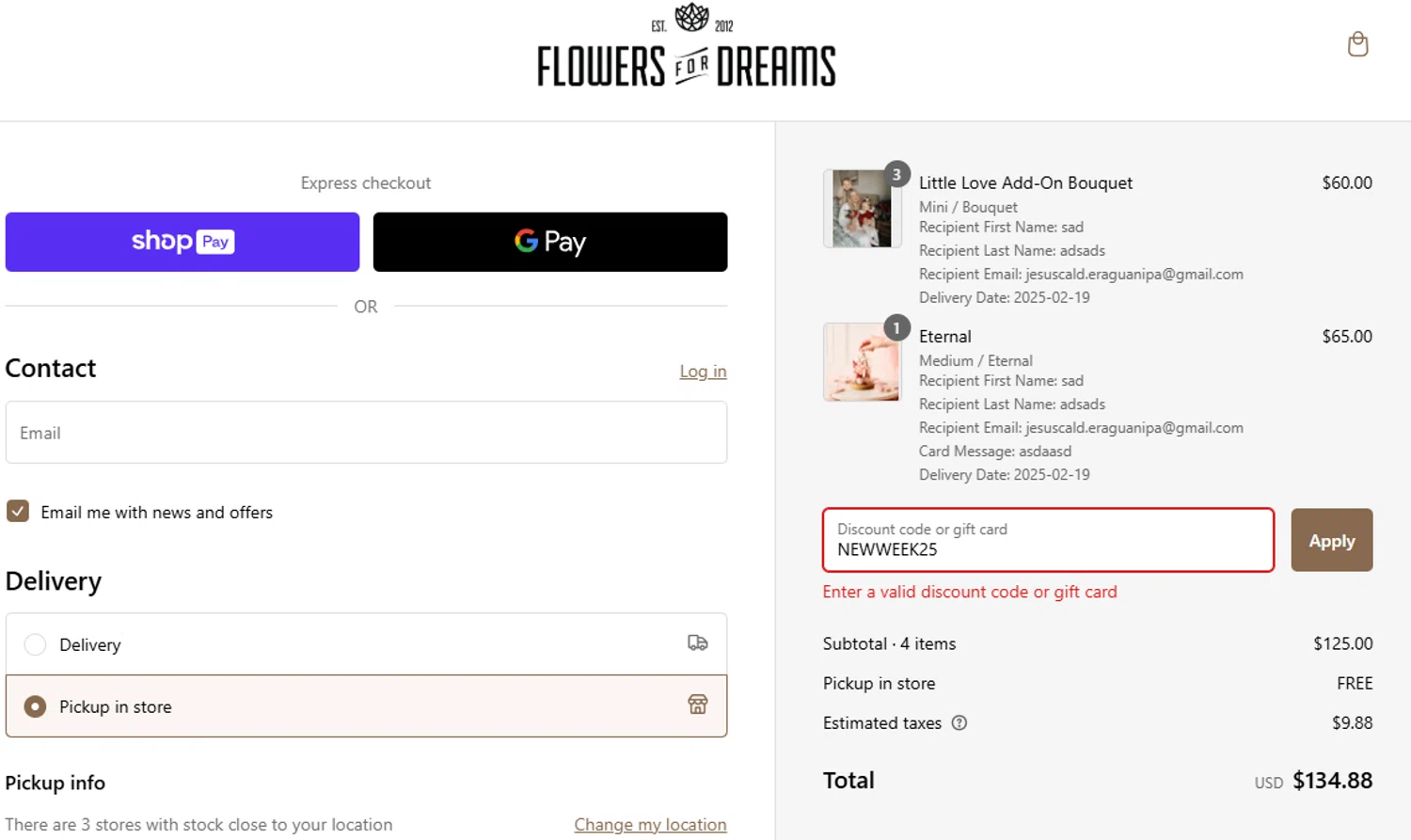 Flowers For Dreams discount code screenshot showing code NEWWEEK25 applied at Flowers For Dreams checkout page. Uploaded by SimplyCodes community member Volibear on Feb 5, 2025