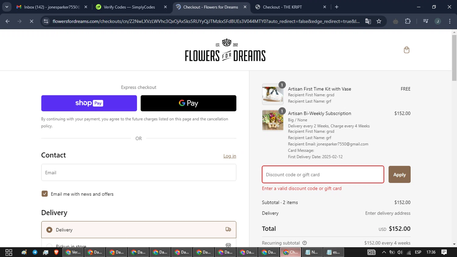 Flowers For Dreams discount code screenshot showing code NEWWEEK25 applied at Flowers For Dreams checkout page. Uploaded by SimplyCodes community member ScanLynx8928 on Feb 4, 2025