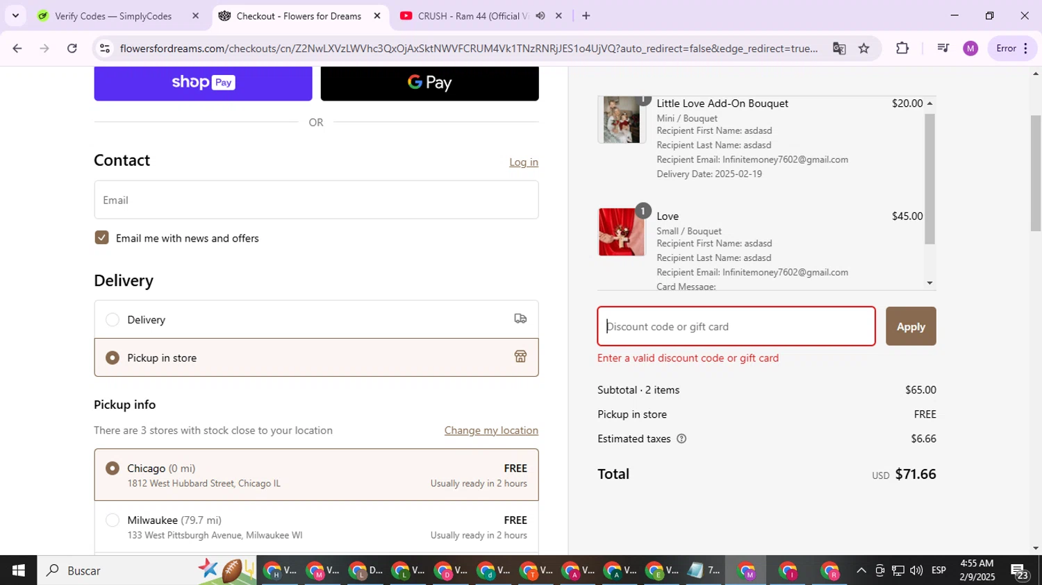 Flowers For Dreams discount code screenshot showing code ROMANCESUPREME25 applied at Flowers For Dreams checkout page. Uploaded by SimplyCodes community member SAKURA on Feb 9, 2025