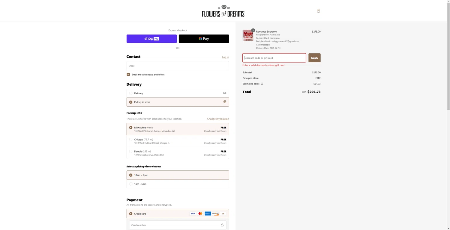 Flowers For Dreams discount code screenshot showing code ROMANCESUPREME25 applied at Flowers For Dreams checkout page. Uploaded by SimplyCodes community member echidanarara on Feb 9, 2025