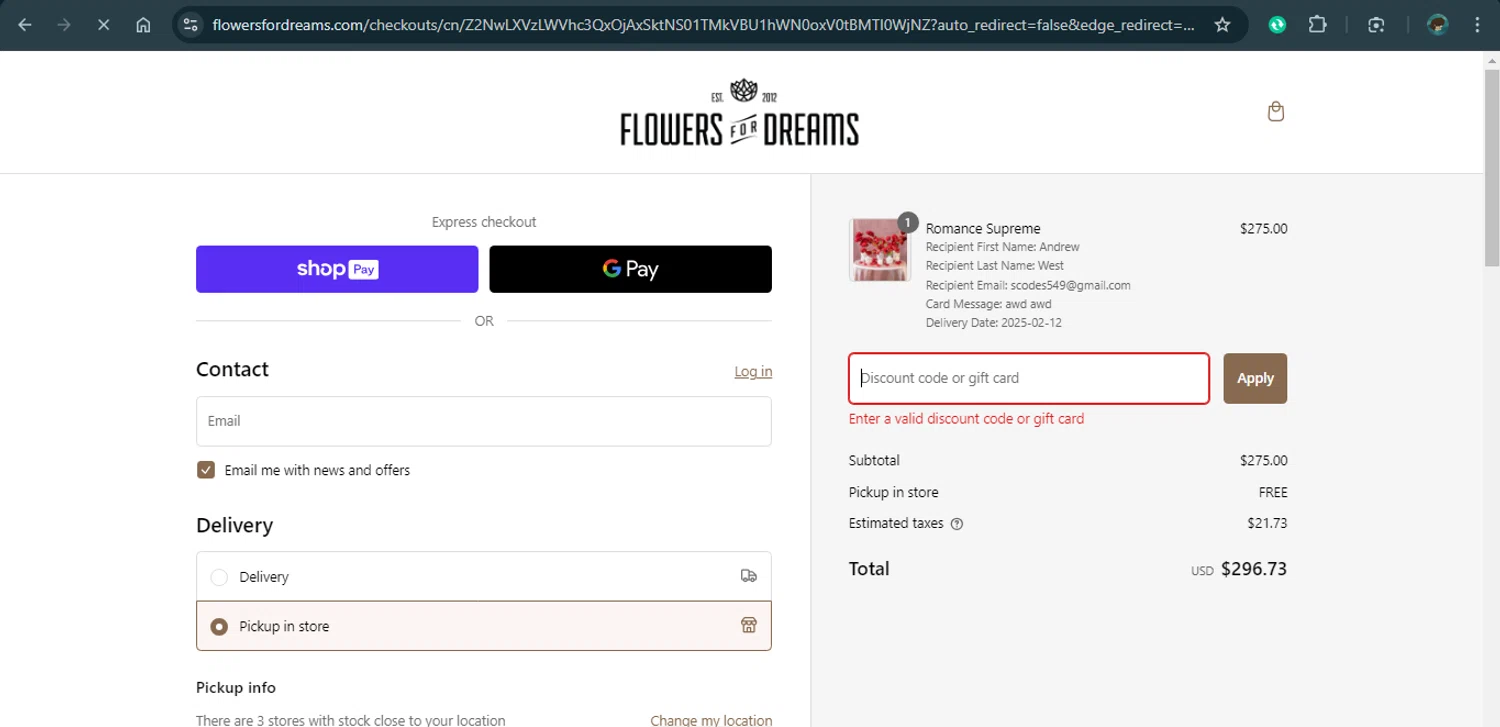 Flowers For Dreams discount code screenshot showing code ROMANCESUPREME25 applied at Flowers For Dreams checkout page. Uploaded by SimplyCodes community member xAngel on Feb 9, 2025