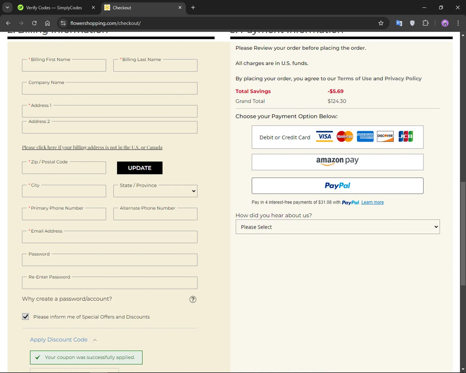 where to use Flower Shopping promo code box