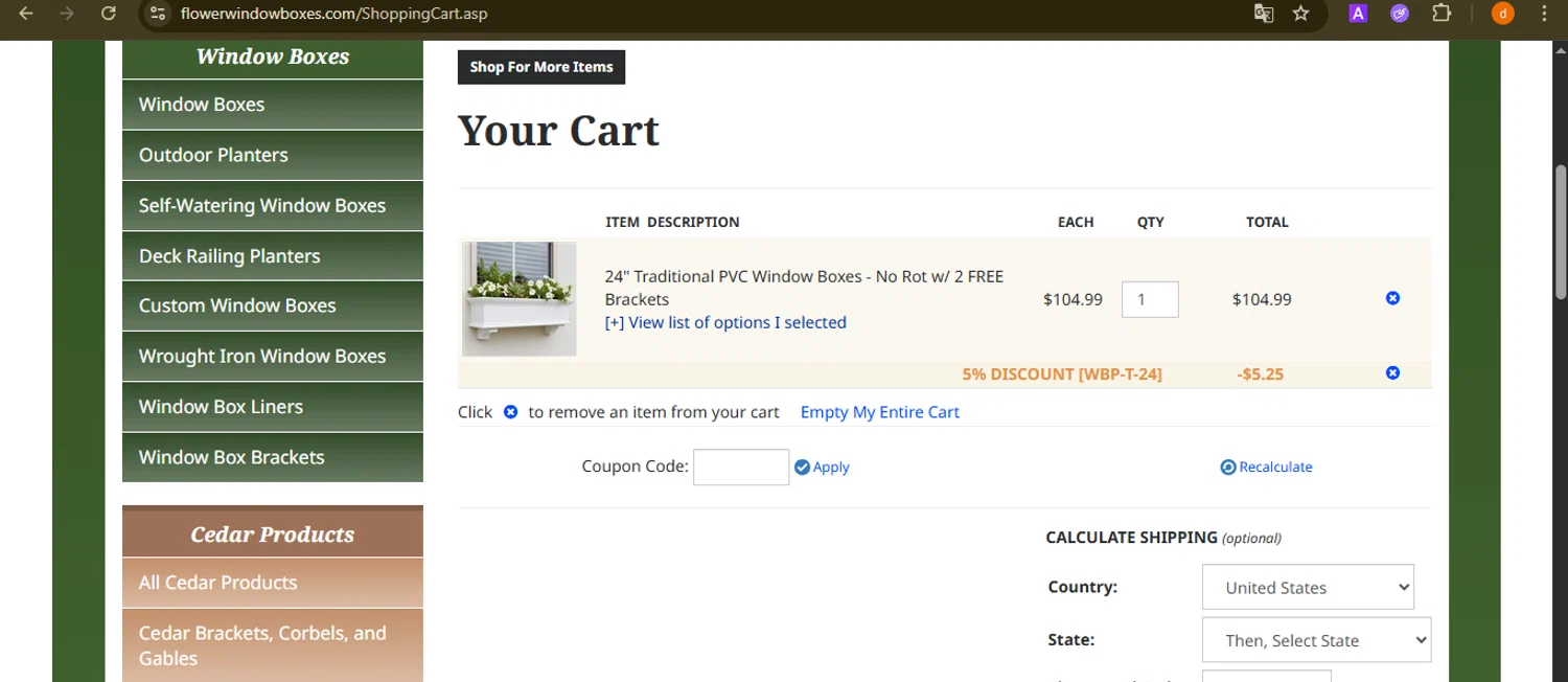 Flower Window Boxes coupon code screenshot showing code SMILE applied at Flower Window Boxes checkout page. Uploaded by SimplyCodes community member PennyAdmiral6960 on Dec 4, 2025