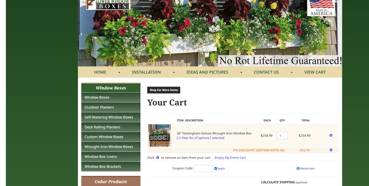 Flower Window Boxes coupon code screenshot showing code SMILE applied at Flower Window Boxes checkout page. Uploaded by SimplyCodes community member chepipro on Jul 8, 2025