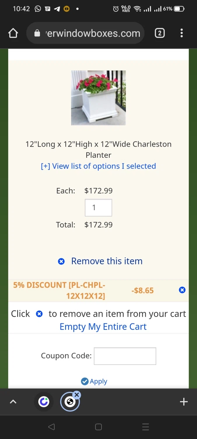 Flower Window Boxes checkout page showing Flower Window Boxes coupon code box | Screenshot taken by SimplyCodes community member on Jun 15, 2022