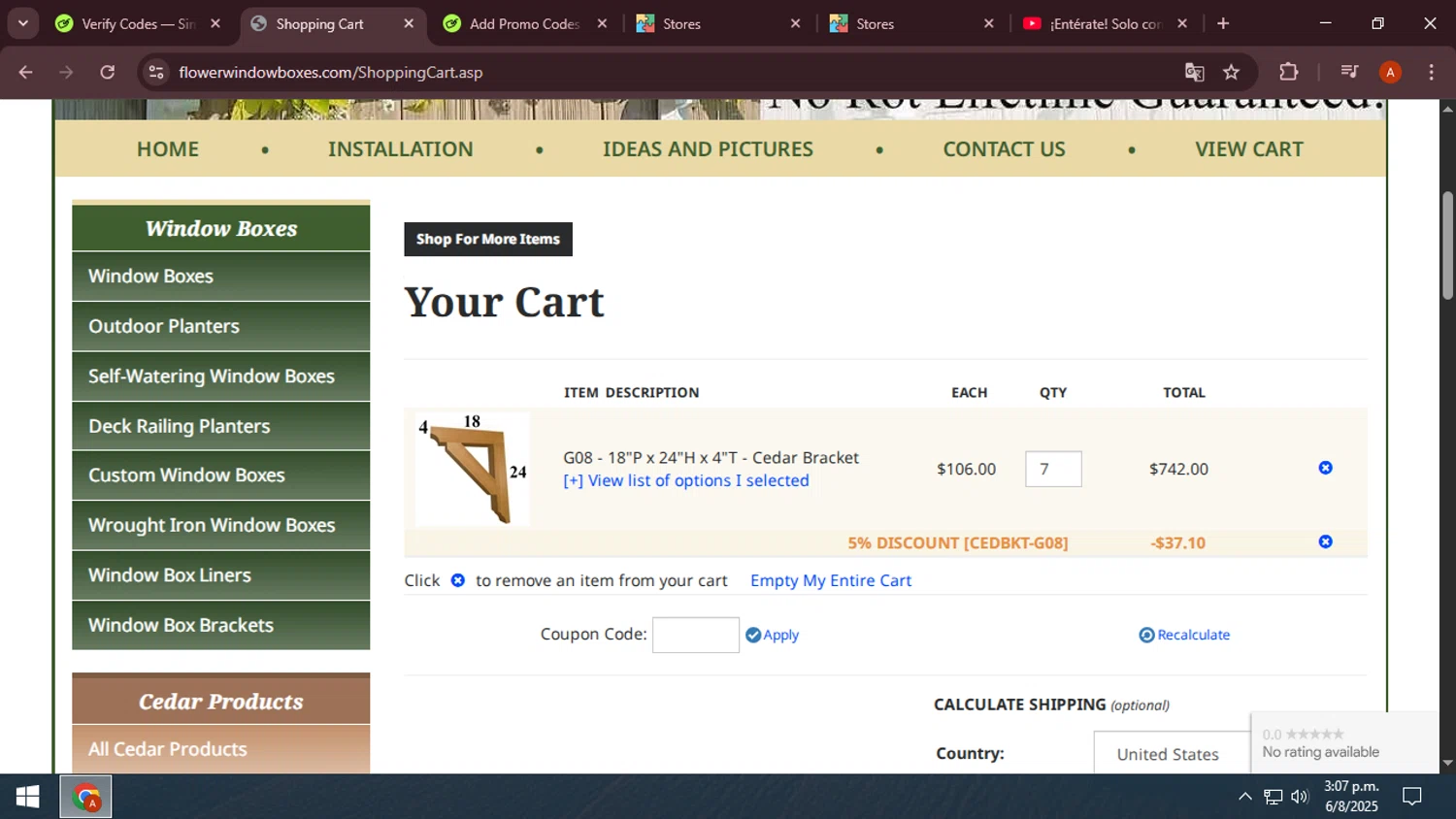 Flower Window Boxes coupon code screenshot showing code SMILE applied at Flower Window Boxes checkout page. Uploaded by SimplyCodes community member germaryghernndezrodr on Aug 6, 2025