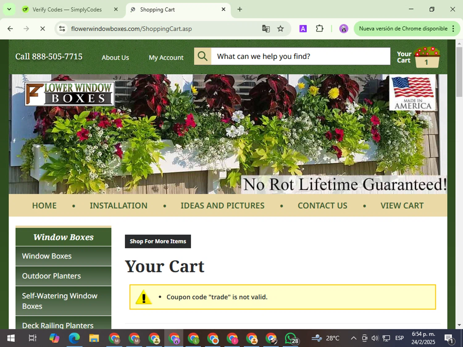 Flower Window Boxes coupon code screenshot showing code trade applied at Flower Window Boxes checkout page. Uploaded by SimplyCodes community member PrimeWizard5860 on Feb 24, 2025