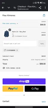Flow Kimonos coupon verification screenshot