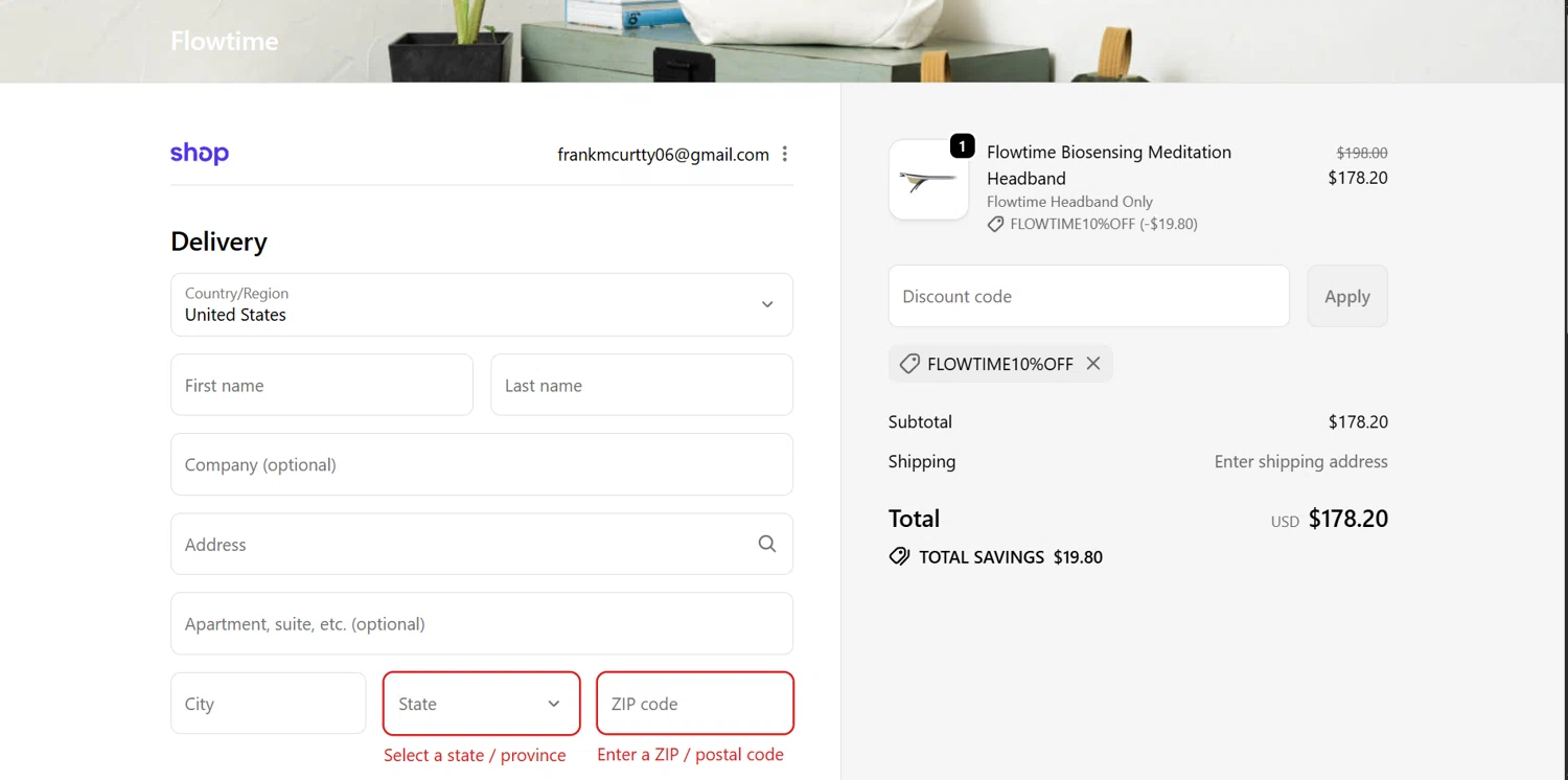Flowtime promo code screenshot showing code FLOWTIME10%OFF applied at Flowtime checkout page. Uploaded by SimplyCodes community member BrilliantVoyager5752 on Sep 23, 2025