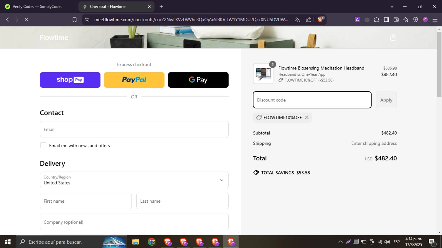 Flowtime promo code screenshot showing code FLOWTIME10%OFF applied at Flowtime checkout page. Uploaded by SimplyCodes community member Esterasa on Mar 17, 2025