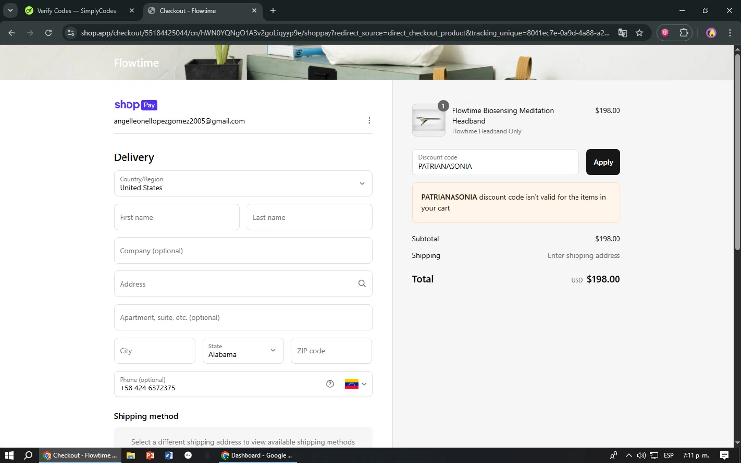 Flowtime promo code screenshot showing code PATRIANASONIA applied at Flowtime checkout page. Uploaded by SimplyCodes community member TreasureShopper9156 on Jul 12, 2025