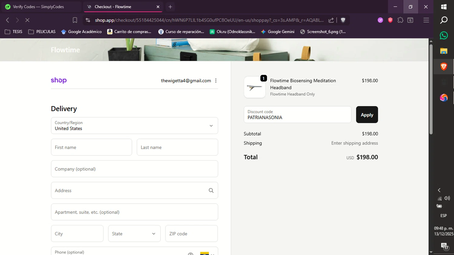 Flowtime promo code screenshot showing code PATRIANASONIA applied at Flowtime checkout page. Uploaded by SimplyCodes community member xXdevoragoticas69Xx on Dec 14, 2025