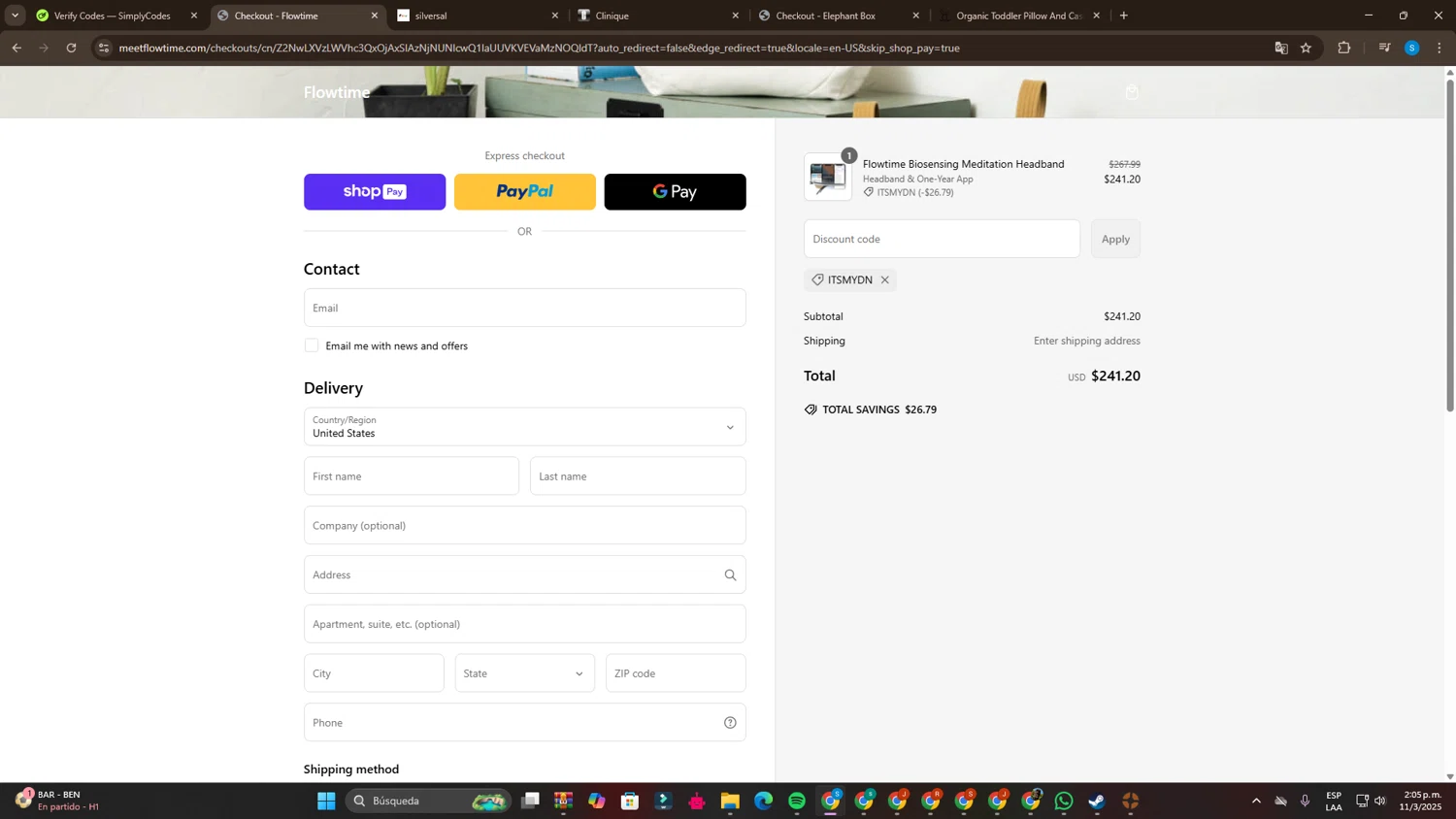 Flowtime promo code screenshot showing code ITSMYDN applied at Flowtime checkout page. Uploaded by SimplyCodes community member SalvadorC1 on Mar 11, 2025