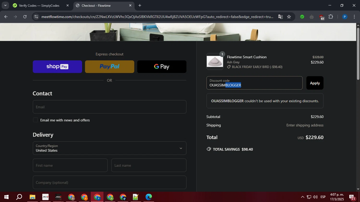 Flowtime promo code screenshot showing code OUASSIMBLOGGER applied at Flowtime checkout page. Uploaded by SimplyCodes community member GoldSaver3857 on Mar 17, 2025