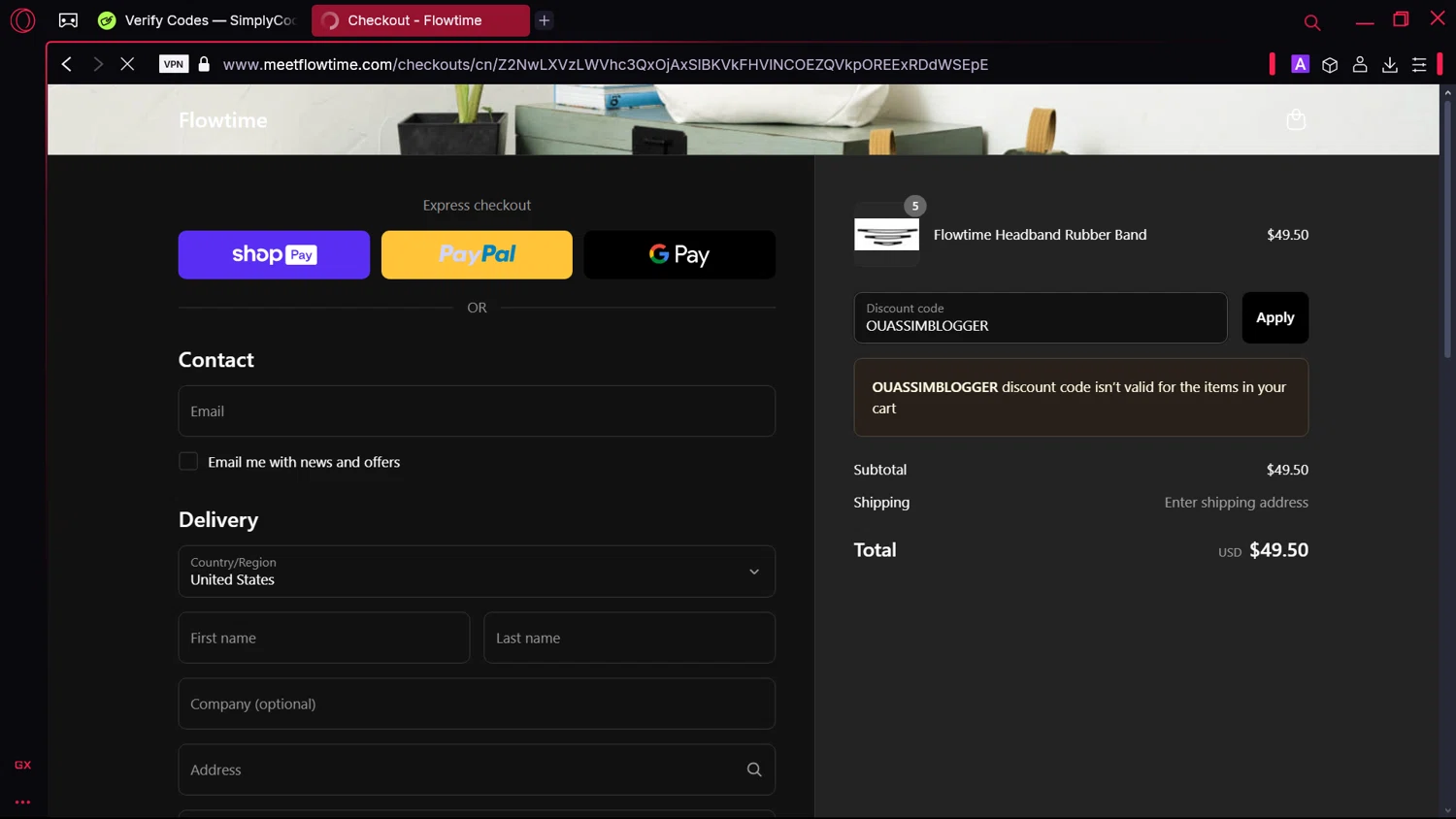 Flowtime promo code screenshot showing code OUASSIMBLOGGER applied at Flowtime checkout page. Uploaded by SimplyCodes community member Elsuanfonson on Mar 17, 2025