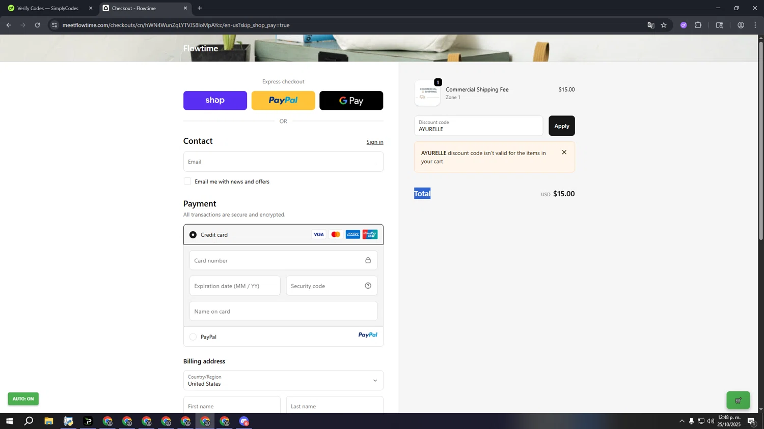 Flowtime promo code screenshot showing code AYURELLE applied at Flowtime checkout page. Uploaded by SimplyCodes community member fffffffffffffffffff on Oct 25, 2025
