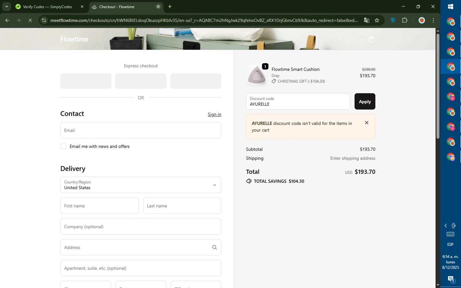 Flowtime promo code screenshot showing code AYURELLE applied at Flowtime checkout page. Uploaded by SimplyCodes community member CashMaverick8128 on Dec 8, 2025