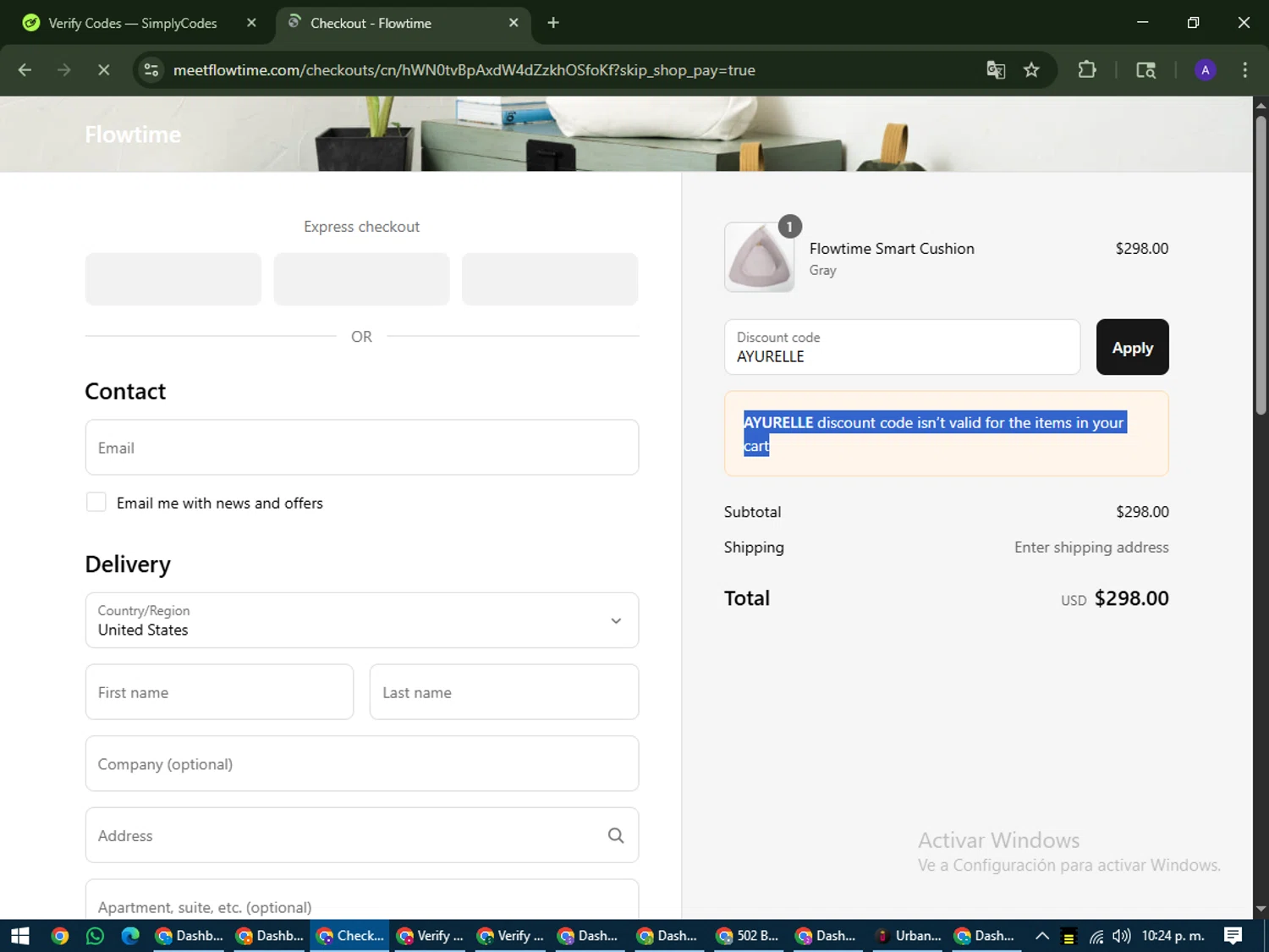 Flowtime promo code screenshot showing code AYURELLE applied at Flowtime checkout page. Uploaded by SimplyCodes community member MagnificentWarden4603 on Jul 22, 2025