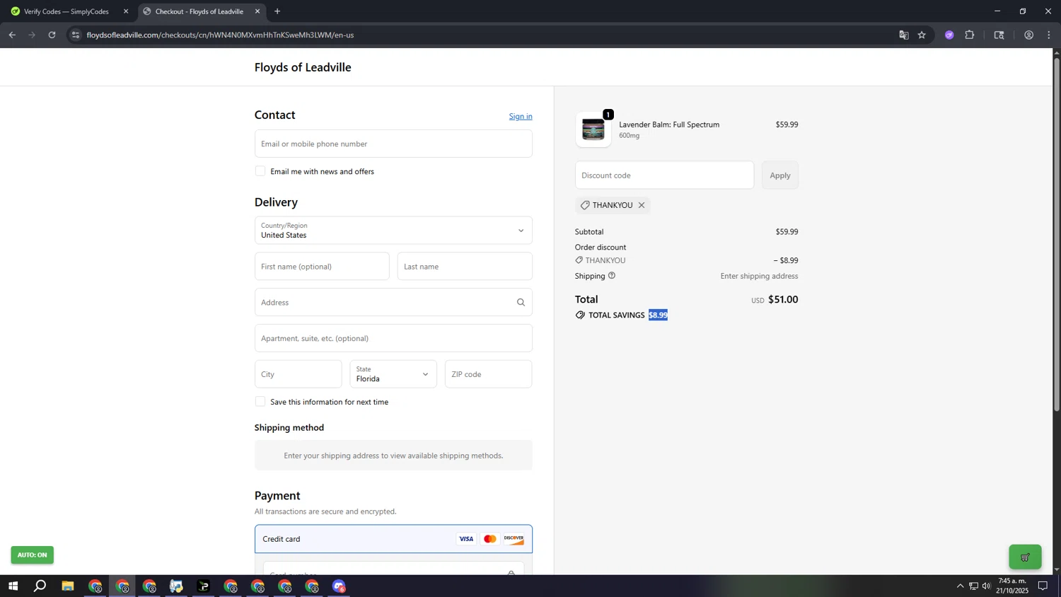 Floyd's of Leadville promo code screenshot showing code thankyou applied at Floyd's of Leadville checkout page. Uploaded by SimplyCodes community member aaaaaaaaaaaaaaaa on Oct 21, 2025