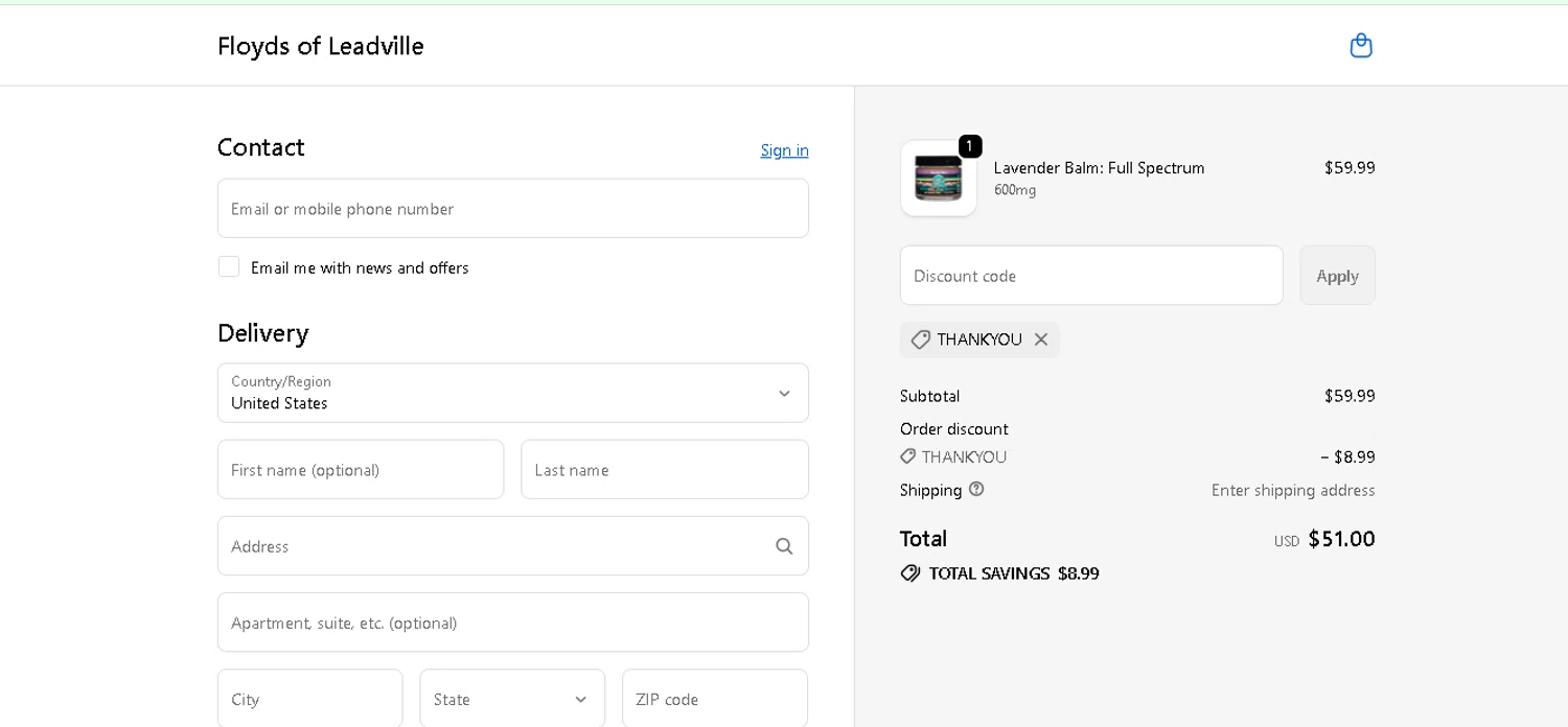 Floyd's of Leadville promo code screenshot showing code thankyou applied at Floyd's of Leadville checkout page. Uploaded by SimplyCodes community member CRYSTALSUICINE on Jan 16, 2026